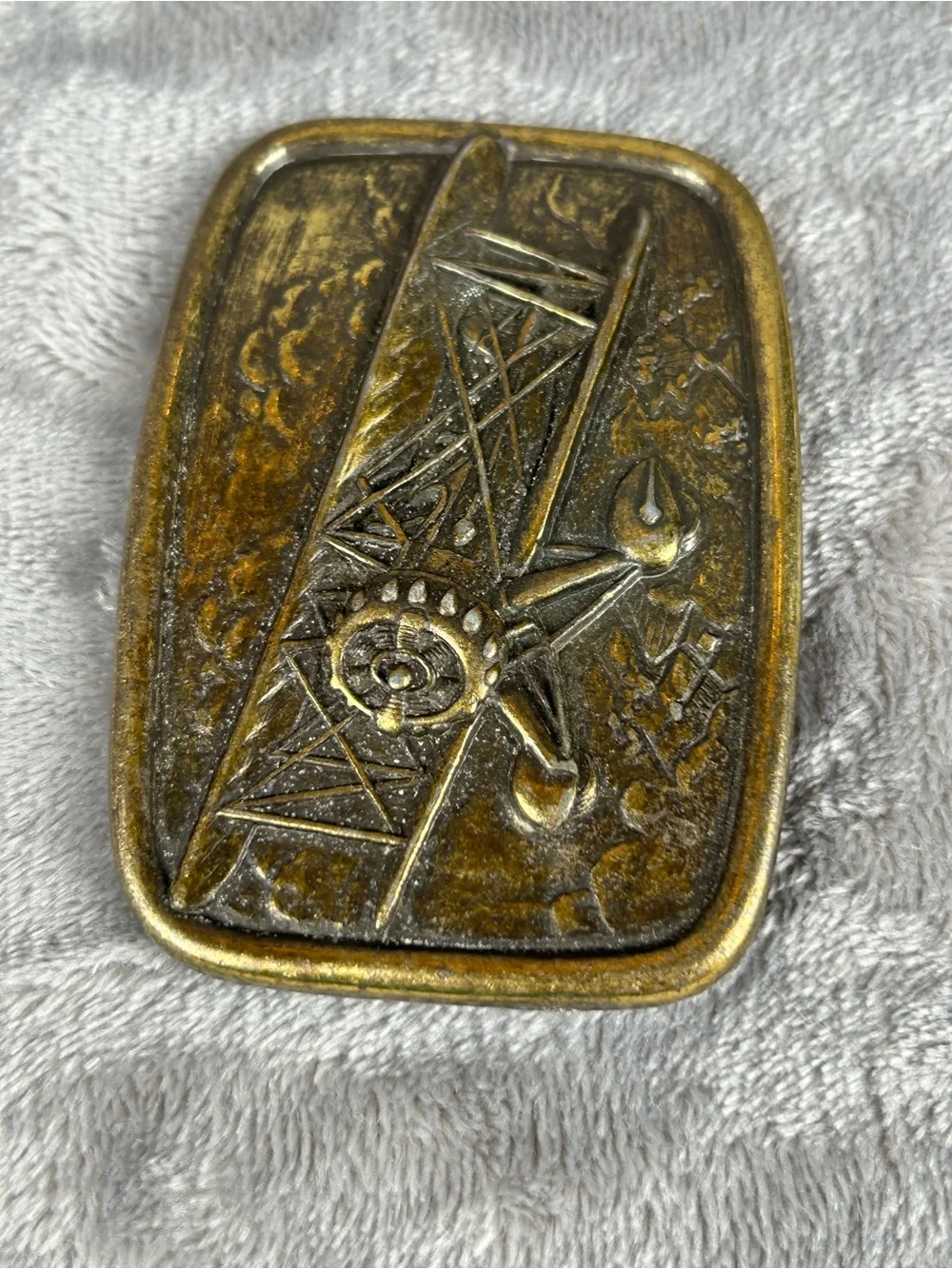 Vintage Brass ? Belt Buckle BiPlane Airplane By Avon Patina Retro 70s‎